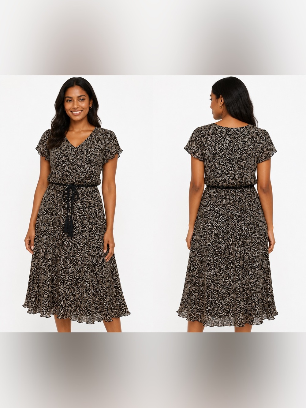 Connected Apparel Midi Dress Size 14 Black Tan Belted